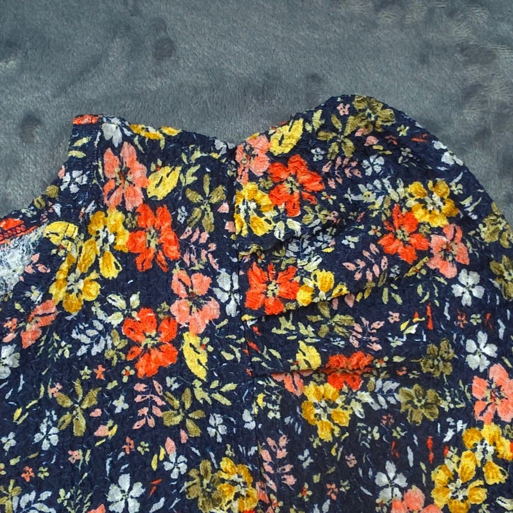Loft Navy Blue Floral Puff Shoulder Long Sleeve Textured Blouse XL